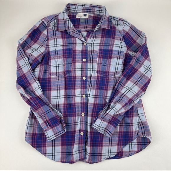 Old Navy Tops - Old Navy Classic Button Up Shirt Womens Medium Blue Purple Plaid